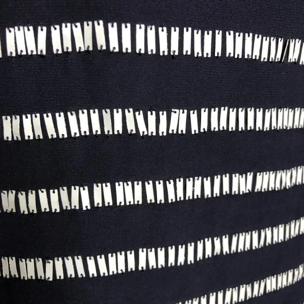 Tory Burch navy blue white rectangle sequin silk top size 4